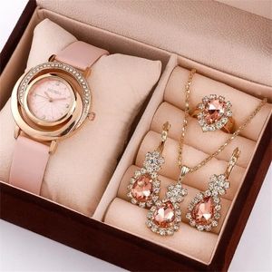 5PCS Set Luxury Fashion Watch Women, Ring, Necklace, Earring Rhinestone